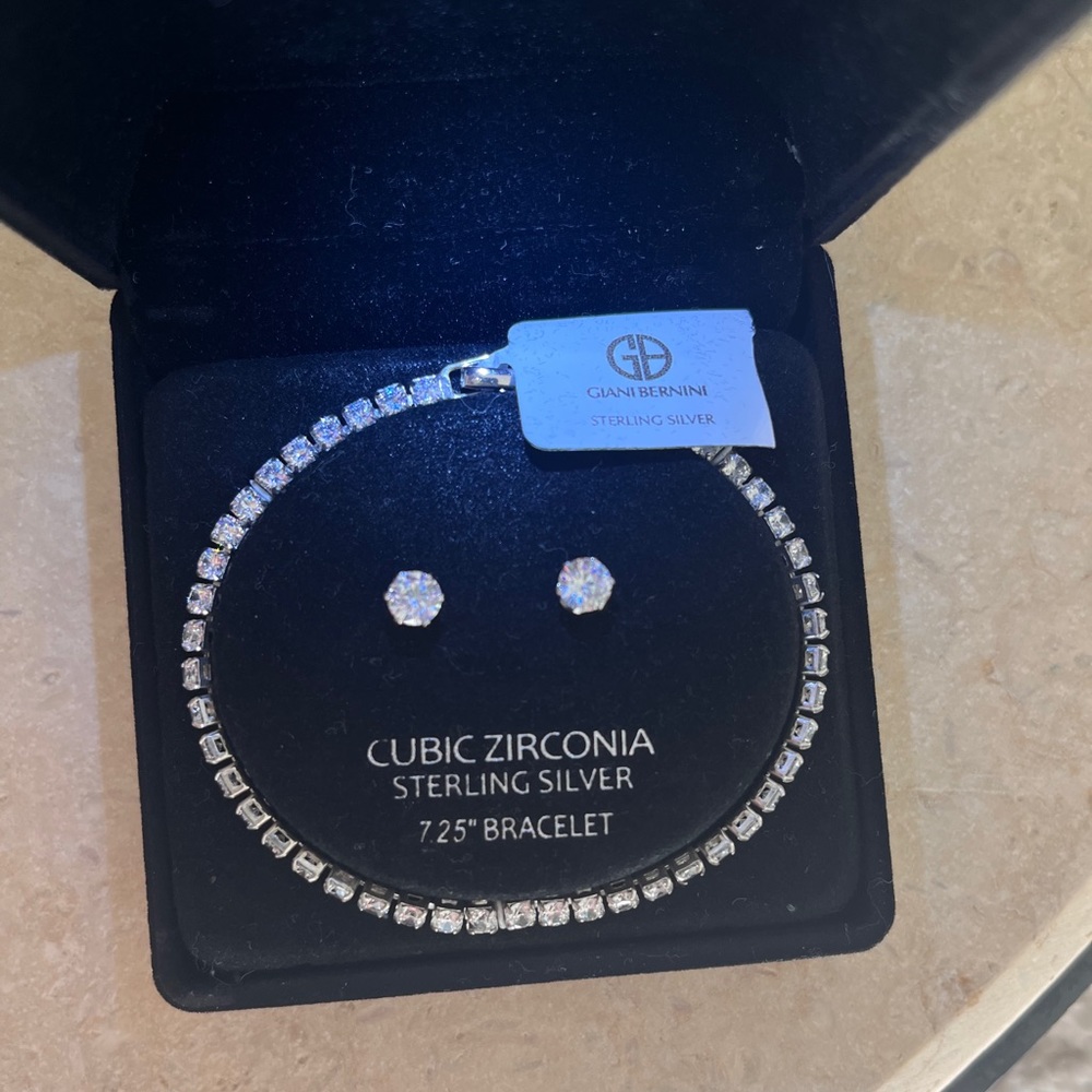 CZ and sterling silver stud earrings and tennis style bracelet set